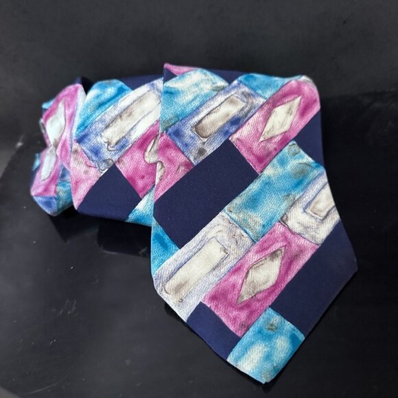 Louis Feraud Pink Turquoise Silk Tie Painting Watercolor Modern Art Blue - Picture 4 of 8